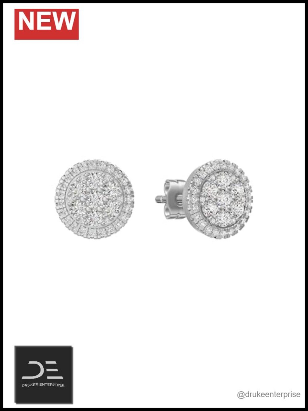 Round Cluster Diamond Stud Earrings .925 Sterling Silver Rhodium Plated